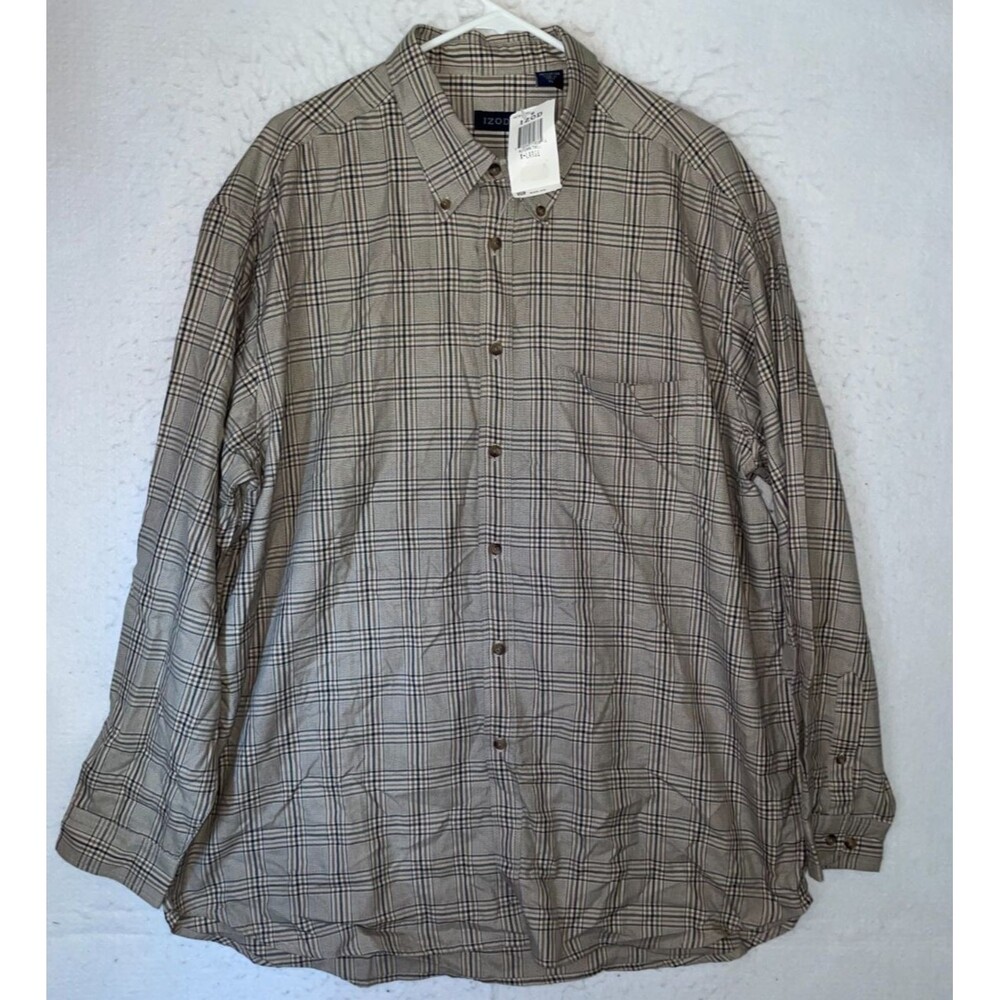 IZOD Shirt Mens XL Brown Long Sleeve Button Down 100% Cotton Autumn Twill Plaid